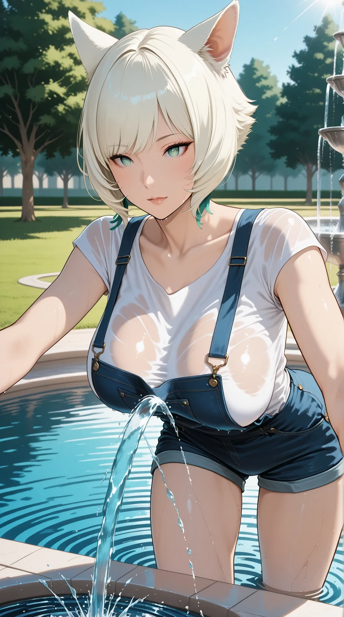 8K resolution, sophisticated features, perfect face, glowing skin, high detail, latex_body suit, creamy white mucus, wrap the entire body, clear liquid texture, sexy,Big breasts,upright_straddle, sunrise, water, Side view、big breasts、big breasts cleavage、((Shoulders are sticking out、My clothes were loose and my shoulders were exposed.、Oversized plain white T-shirt、pool)), ((full shot, Vulgarity))、Wear a micro bikini under your clothes