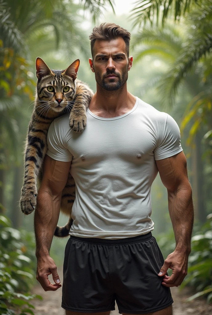 40 year old muscular man with a beard , with glasses and a Siamese cat