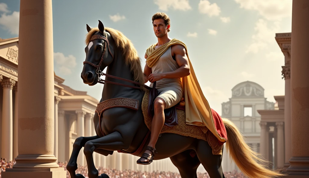 A handsome beautiful slim white skin shirtless man in a roman horse racing chariot in the desert