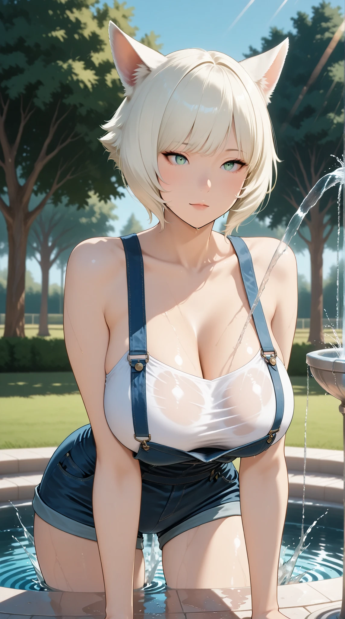 Anime style, super fine illustration, highly detailed, beautiful detailed, pale tone image, static representation, gentle expression, 8k, pretty 1girl with blonde straight short hair & blue eyes & a bright smile & huge breasts & soft fair skin is wearing the black skportswear  & sportshorts & sportsjaket in the park, in the morning, in the brilliant particles of lights, romantic stories, solo, perfect 5fingers, perfect arms, perfect legs, masterpiece.