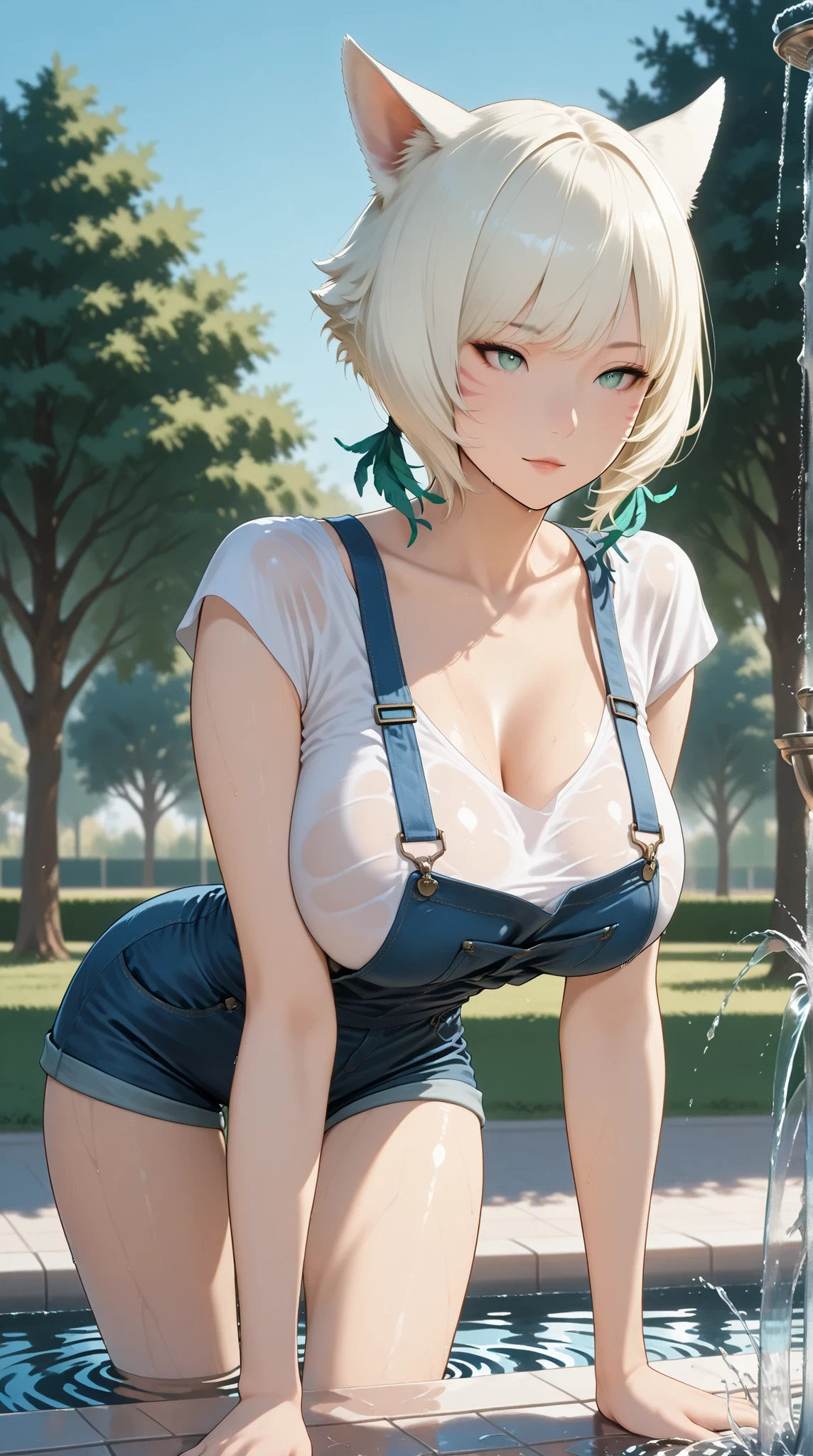 (Background with:ponds,Cherry blossom forest,lotus flower)Lie underwater, She has short blonde hair,Twist braids,seen from the front,mostly cloudy sky,(((tmasterpiece),(Very detailed CG unity 8K wallpaper),best qualtiy,cinmatic lighting,detailed back ground,beatiful detailed eyes,Bright pupils,Blue eyes,Snow-whiteskin,Redlip(Very fine and beautiful),(Beautiful and detailed eye description),ultra - detailed,tmasterpiece,))facing at camera,A high resolution,ultra - detailed),revealing breasts,Bare genitalia, Bulge,legs are open,Raised sexy,Camel toes,Desire for dissatisfaction,frontage,(Wearing :耳Nipple Ring, jewely, Denim apron, Bare )