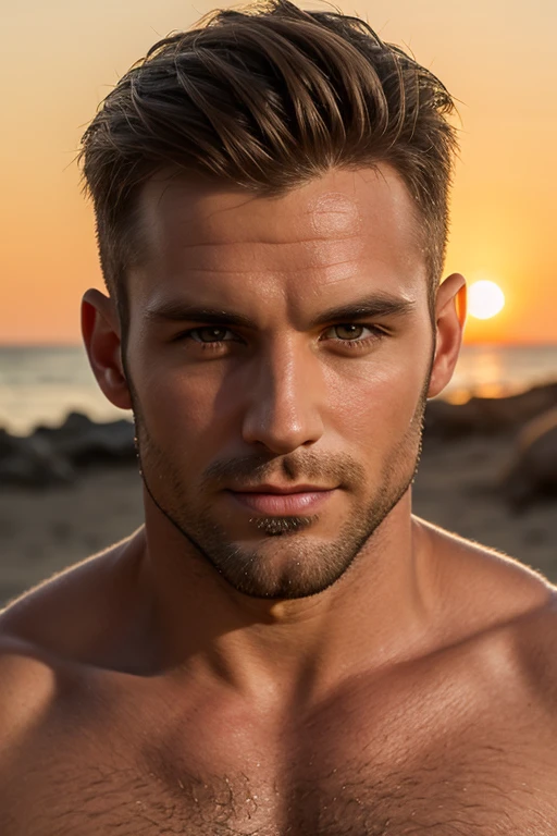 Good looking 33 year-old guy with blue eyes, short blonde hair a beard and a very hairy chest on the beach