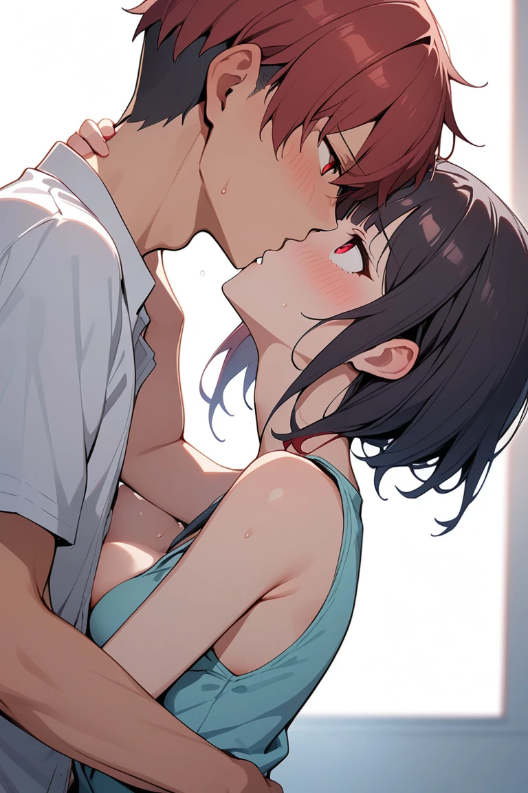 hentai, boy with black hair looking up without clothes, Body cute, with a penis in the mouth cumming