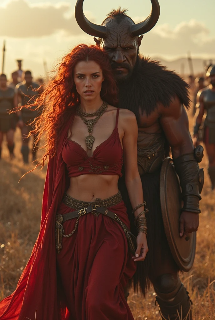 Conan and Red Sonja in a Cimmerian village in an epic battle scene, com o aparecimento de personagens inspirados nos quadrinhos.
