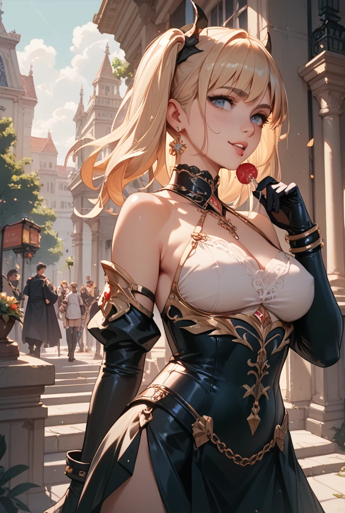 Masterpiece, Maximize highest quality:1.5, Maximum hyper beautiful and hyper realistic 3D digital illustrations:1.5, Hyper high power resolution, UHD, 16K, 1080p, Ultra hyper clear details, Smooth, soft and clearly and hyper realistic skin texture and hair texture:1.5, Hyper beautiful detailed eyes texture:1.5, Amazing dynamic movement:1.5, Beautiful backgrounds with depth of field, Hyper beautiful natural light, Rule of thirds, Maximize every effect and present it in the ultimate quality, 1woman, sexy, cool beauty, 25years old, beautiful face sharp, elegant mature woman, Ultimate perfect body style, beautiful big breasts, upturned breasts, beautiful green eyes, shiny blonde hair, short hair, Shag cut, (eyes visible through hair:1.3), glossy very thick lips, pink lipstick, smile:1.5, Wild maid outfit, dynamic pose, short leather skirt with lace trim, corset with metal studs, high boots with buckles, fingerless gloves, wild hairstyle, luxurious mansion parlor background,