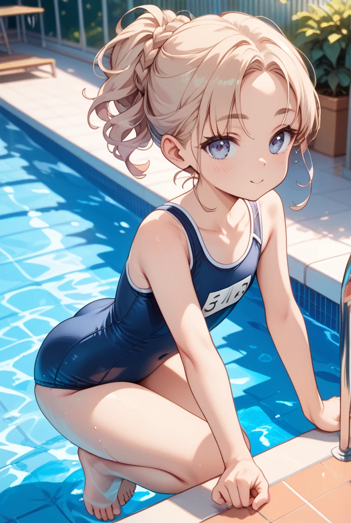 ,(young girl ,short stature,) ,flat chest,nsfw,big head, rotund.one-piece-swimsuit,braid hair, poolside.,sitting,masturbation