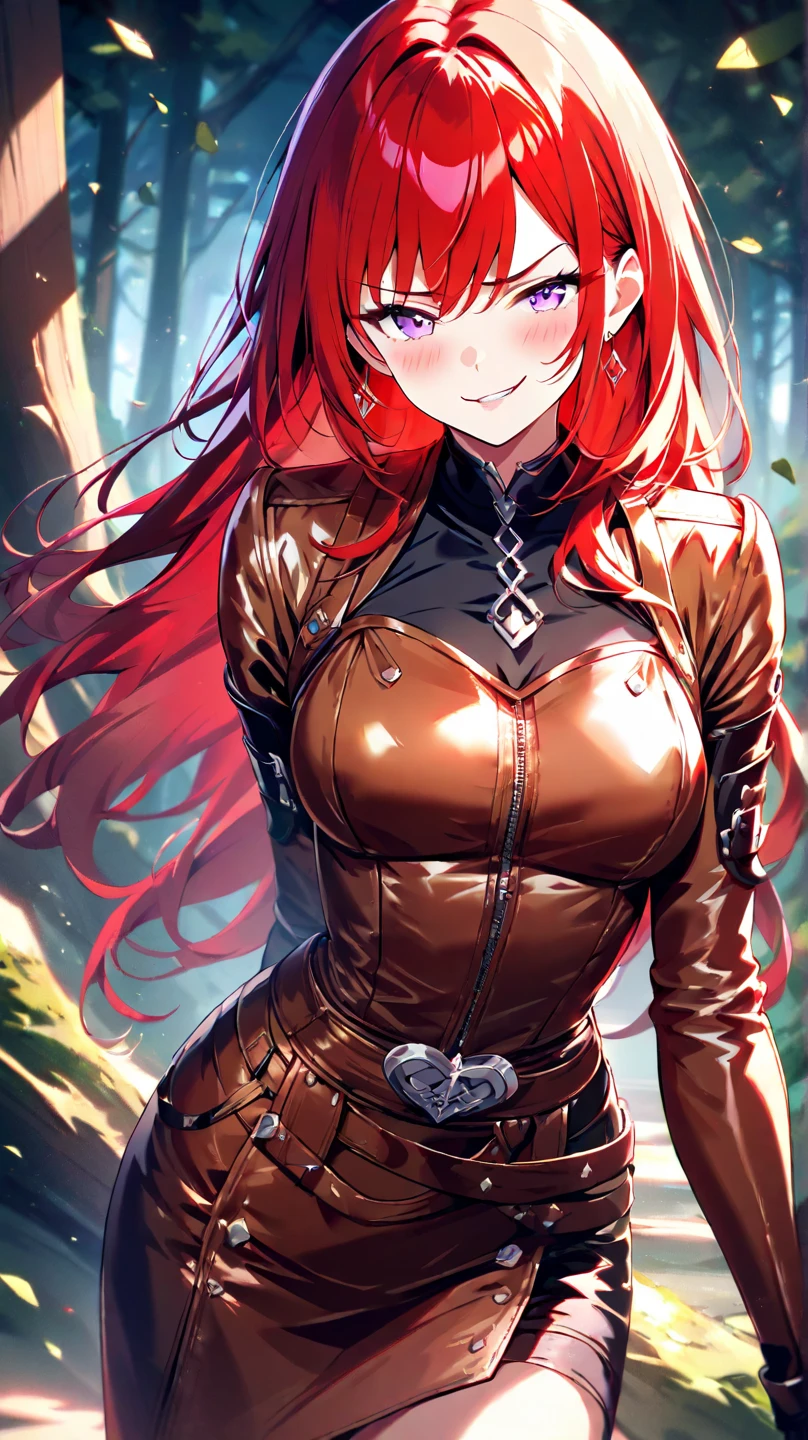masterpiece, best quality, hopesHapi, armor, corset, belt, pants, red gloves, large breasts, cowboy shot, looking at viewer, forest, river, slight smile <lora:hapi-nvwls-v1-000009:0.9>