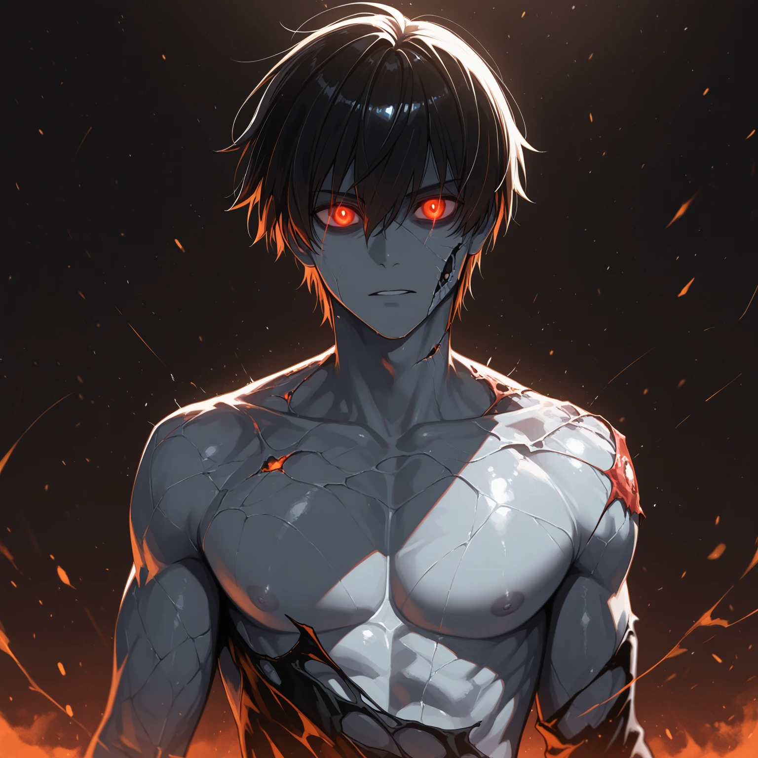1 chico, corto_oscuro_cabello, rojo_ojos, sin camisa
