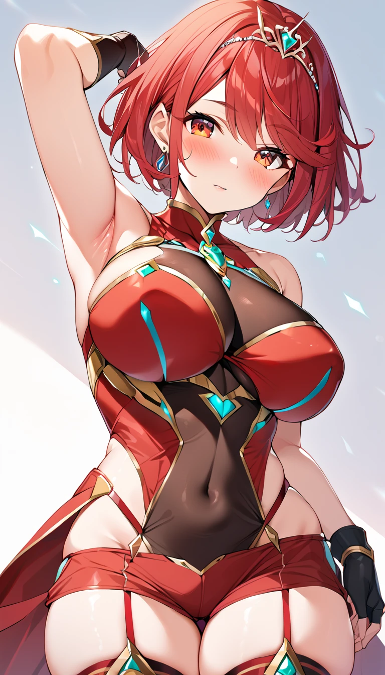 16k,1girl,PRDEF, RED EYES, RED HAIR, SHORT HAIR, TIARA, EARRINGS, CHEST JEWEL, LARGE BREASTS, IMPOSSIBLE CLOTHES, FINGERLESS GLOVES, RED SHORTS, THIGHHIGHS,big breast,armpit focus,arm up,blush