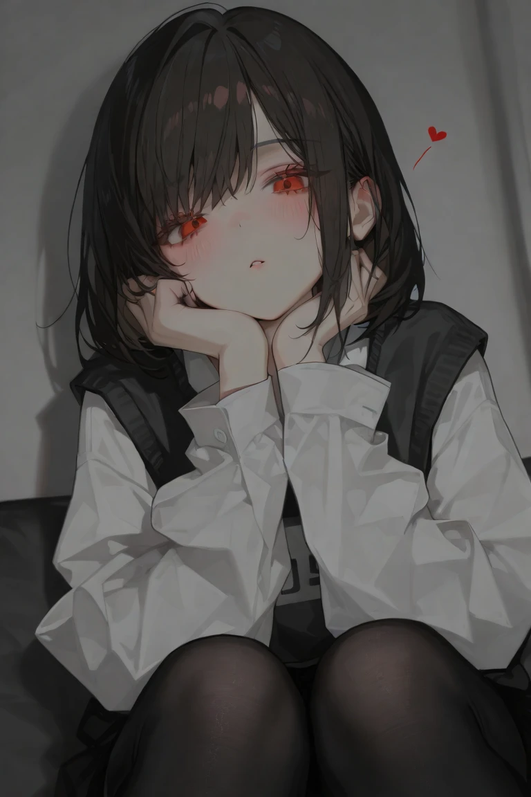 anime girl laying on a bed with her hands up, anime moe artstyle, seductive anime girl, gapmoe yandere, with red eyes, (anime girl), yandere, cute anime girl, attractive anime girl, anime girl, an anime girl, ((red)) baggy eyes, with index finger, anime visual of a cute girl