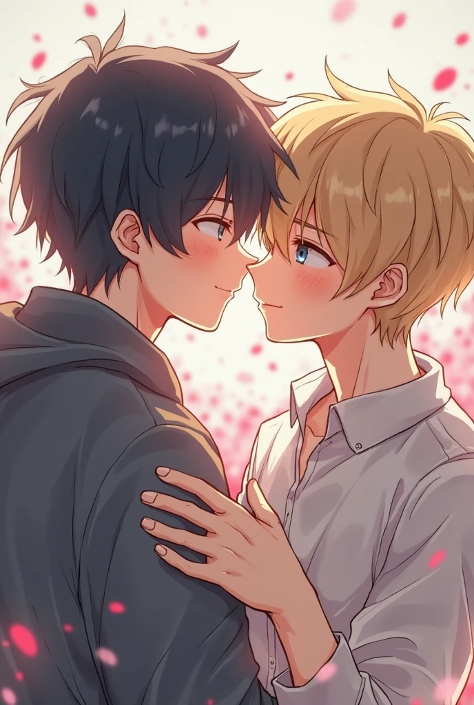 yaoi,bl anime style,2males,handsome face,slender、Beautiful facial features。hugging face,upper body,light blush