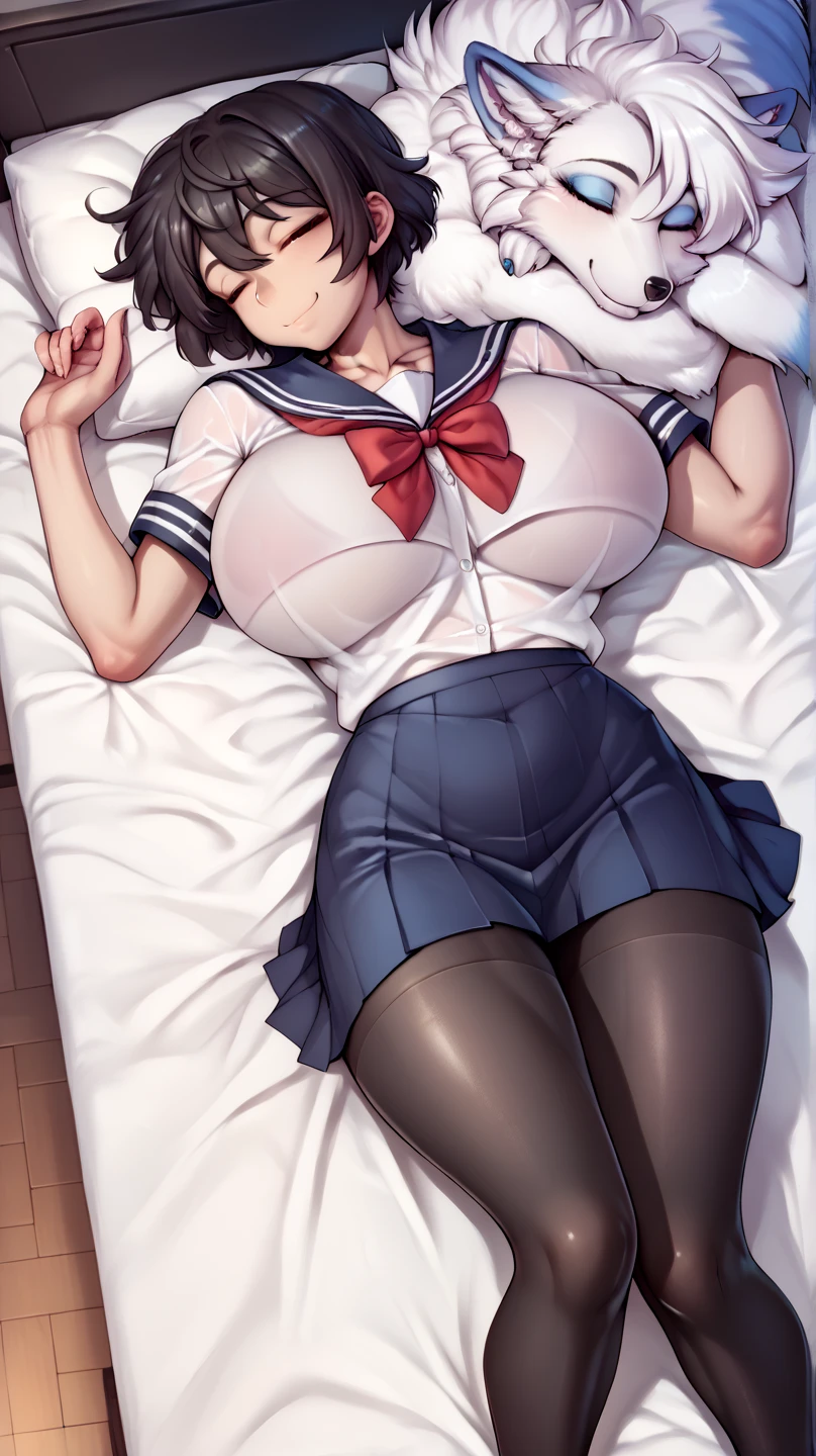 masterpiece, photoreal, high definition, slim waist, long legs, wet skin, huge ass, huge breasts, masterpiece, best quality, absurdres, perfect anatomy, 1girl, solo, Sailor jupiter, (1990s \(style\), Brown hair, short ponytail, smile, maid outfit, white thighhighs, legs spread, on bed, covered in cum, wet skin, cum drip, bukkake, breast milk, cum on face, cum on tits, open mouth