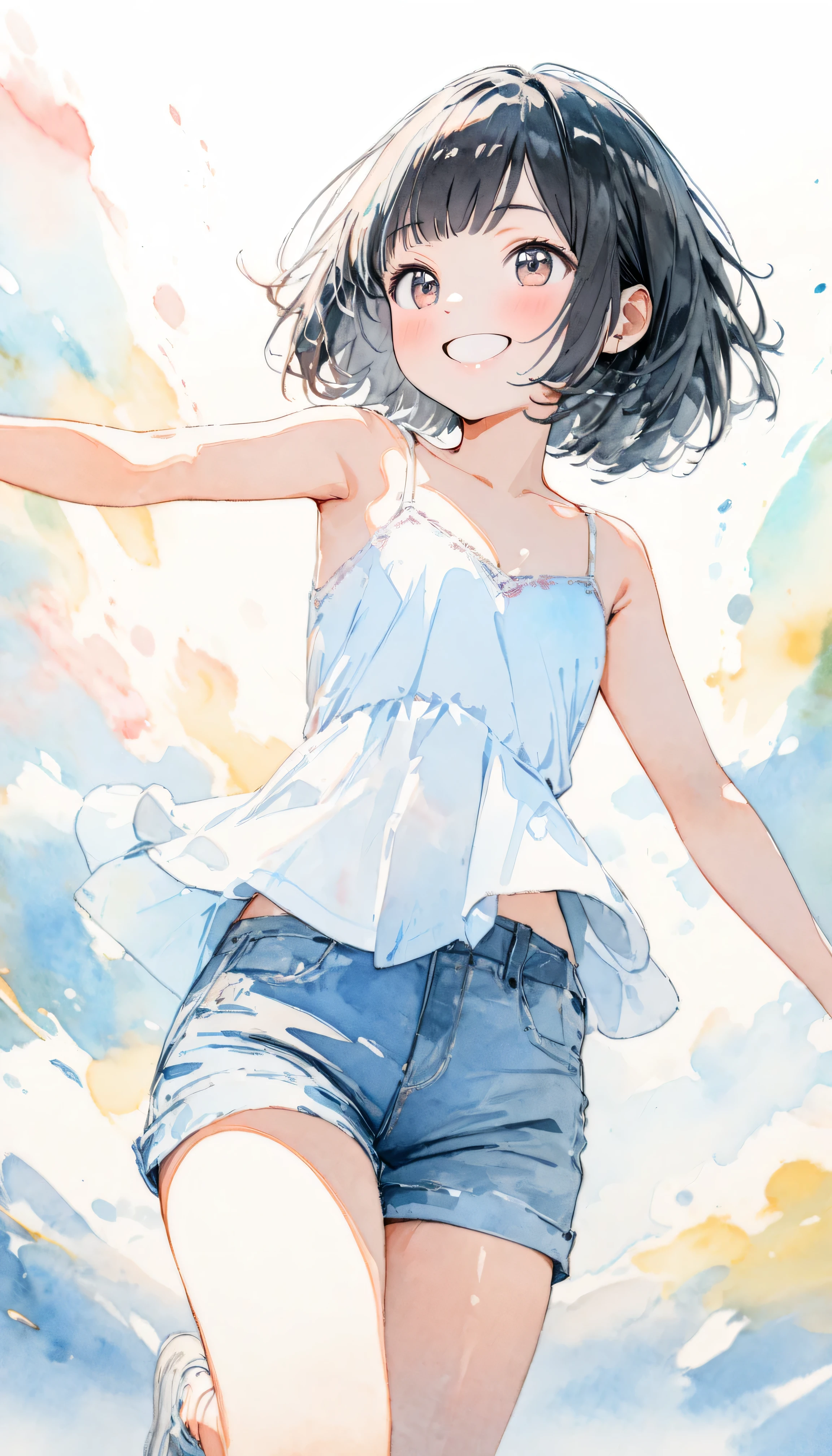 12-year-old girl、Pure girl、One Girl、Cute smile、Sparkling Eyes、Healthy Skin、Large park、Summer sun、White cloud、Blue sky、Whole body composition、Barefoot、Detailed Hair、Tank top and short skirt、Small breasts、slender、Looking up、Hair blowing in the wind、Dynamic pose、Mouth wide open、My skirt is flying up in the wind、after the rain、My whole body is wet、Wet body、Blushed cheeks、Sweaty face、Lots of sweat、Her belly button is visible