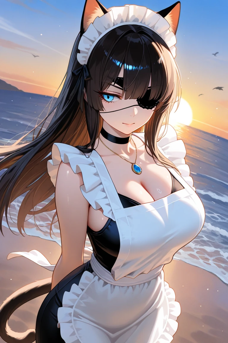 ((dress_default, terrific_default)):1.5,((独奏, 1girl)) ((masterpiece,Highest quality,Highly detailed images,Beautiful images、Realistic、Dutch Angle)), (Bright lighting overall、Backlight、A fantastic atmosphere、Thick Fog、Dust flutters),(Dynamic pose、Beautiful cleavage、large breasts)1.2, ((Ocean、On the boat:1.2))((arms behind head))、Black sleeves