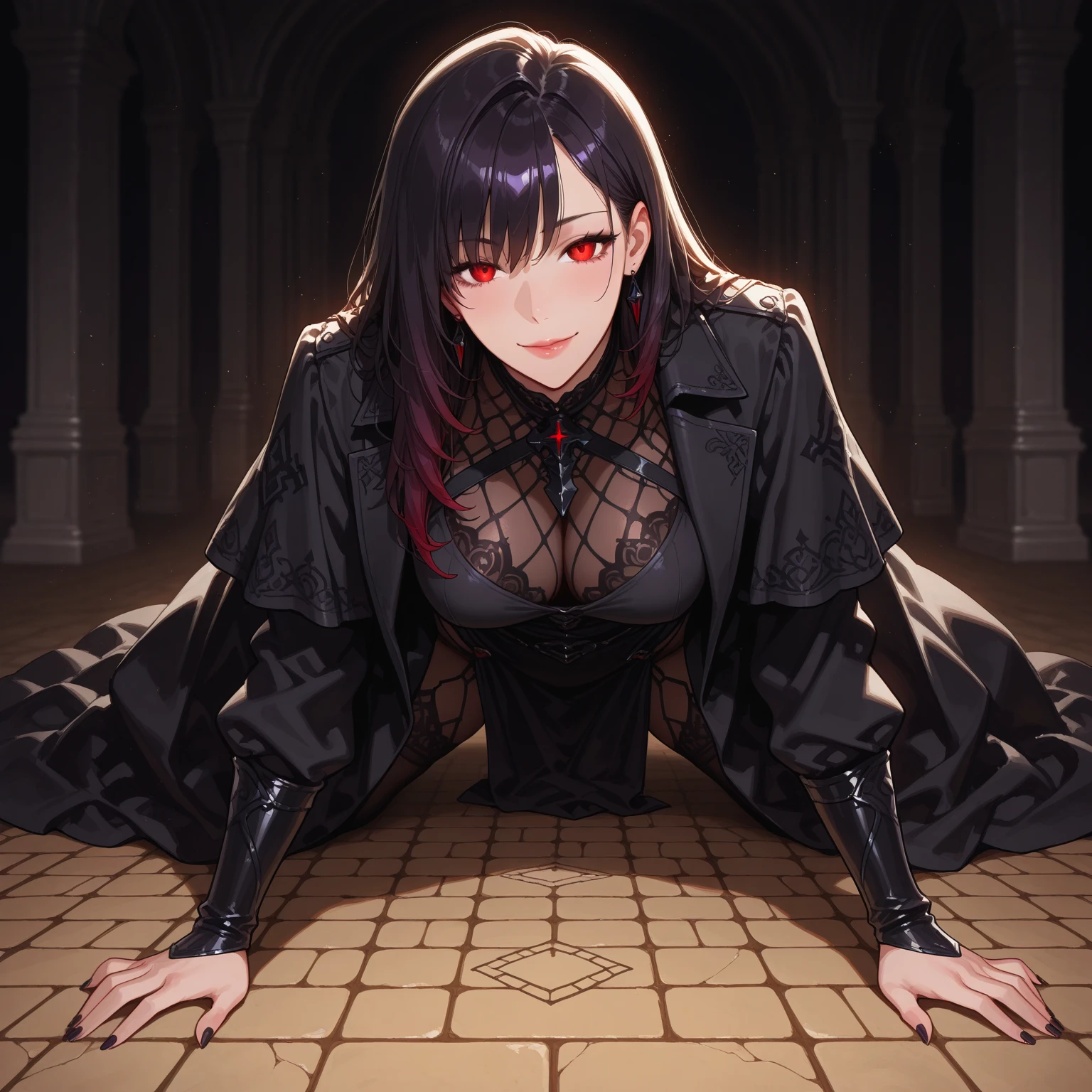 rosaria, rosaria, bags under eyes, hair between eyes, long eyelashes, multicolored hair, (purple eyes:1.1), purple hair, red hair, short hair, streaked hair, (small breasts:1.2), BREAK bare shoulders, breasts, elbow gloves, fishnet pantyhose, fishnets, gem, gloves, gradient, nun, pantyhose, red gemstone, skindentation, thigh strap, tiara, white gloves,lace,
BREAK looking at viewer,
BREAK indoors, church,benches, candles, fire,
BREAK (masterpiece:1.2), best quality, high resolution, unity 8k wallpaper, (illustration:0.8), (beautiful detailed eyes:1.6), extremely detailed face, perfect lighting, extremely detailed CG, (perfect hands, perfect anatomy),from above,upper body.