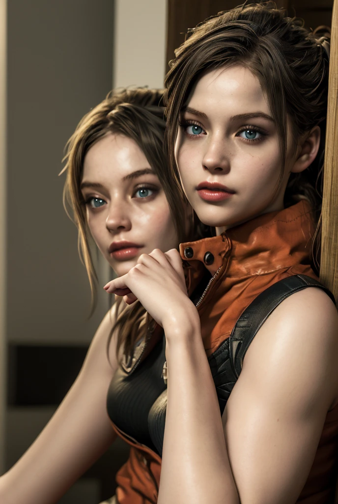 generate an image of a human in the Resident Evil game characteristics based on these descriptions: a woman of average height, she had light brown hair, honey-colored eyes and freckles around the face. SHORT BANGS OVER THE FOREHEAD