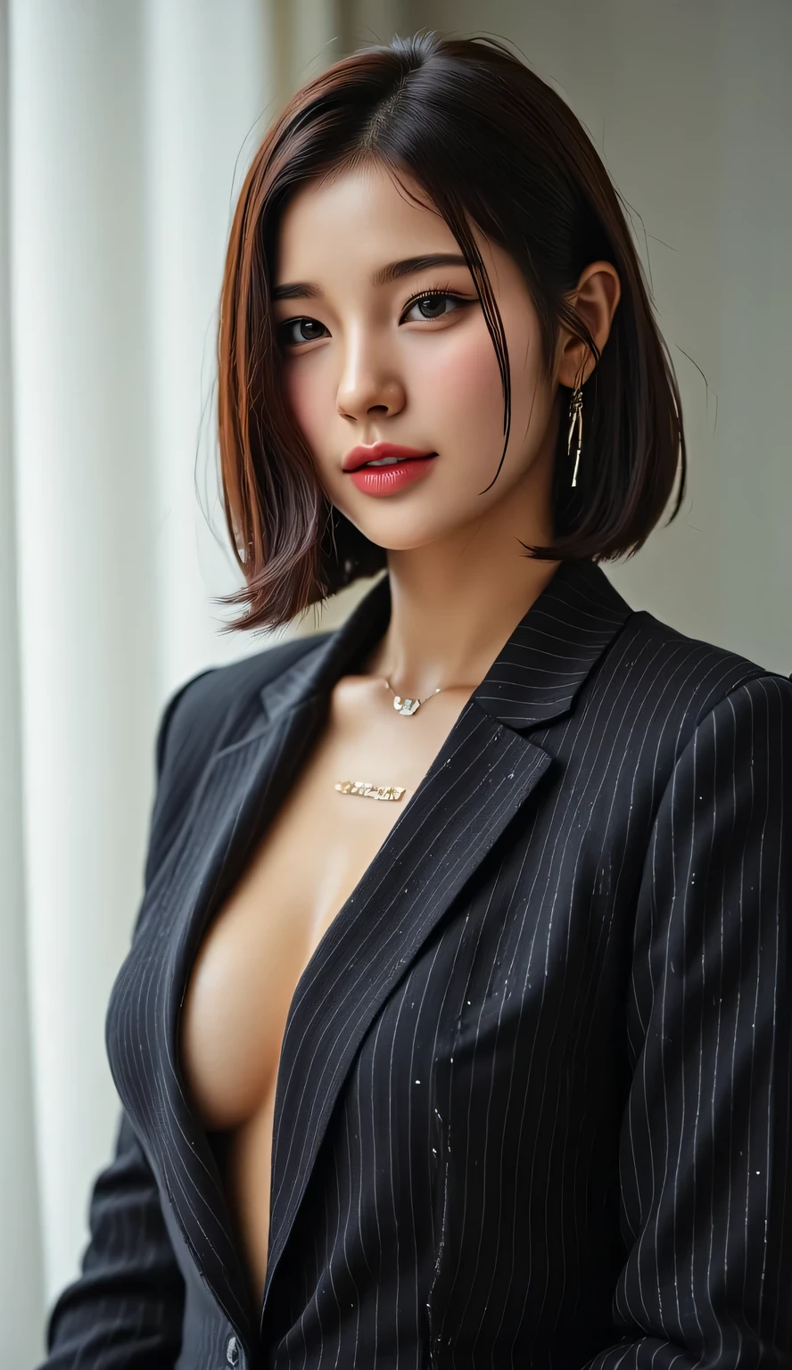 ((4k)),((masterpiece)),(best quality),((ultra detailed)), ((realistic)), (wolfcut Hair),((cinematic lighting)), depth of field, (dynamic angle),((beautiful detailed eyes), ((dynamic pose)), pretty face, red lip, large boobs, ((detail face)), cleavage, ((office suit:)), full body