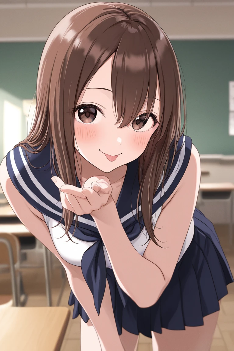 (highest quality, masterpiece:1.2), highest quality, High resolution, 1080p, 8K, CG of the heroine of a beautiful girl game, Height: 158cm, A beautiful woman with a smile falls upside down from the sky like an angel, A face that everyone loves, Glossy lips, Even bangs, Double, Long eyelashes on both the top and bottom, Big wide blue eyes, The very large and thick yellow ribbon bowtie is very cute., Beautiful, shiny, long black hair, ((A long, neat, dark navy pleated skirt)), (((A long-sleeved navy blue sailor uniform for winter, all dark blue in color))), ((Navy blue jacket)), Ribbon in hair, Thick calves, Tight waist, Approaching the viewer with open arms, ((Talking to the audience)), ((Trying to kiss)), A very sacred temple in the sky, Shooting from below, ((Blur the background))