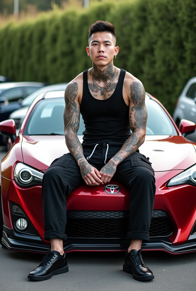 pose - eyelid pull tongue out, Whole body ,Anime, 1boy,buzz cut, fade,shaved head dark red hair , gradient eyes, character chart, young man, sportswear-like clothing dominated by dark red and white hues, athletics, brings out a youthful and stylish image. His facial expression and posture may be a bit tense, aggressive look, full body, tachie, UHD, high resolution, highest quality, plain background,  On his body a cannon necklace, from abstract patterns to symbols of strength and rebellion,Oscar winning, award winning movie stills, heartwarming, movie, movie shots, very moving, full body, The whole body was photographed