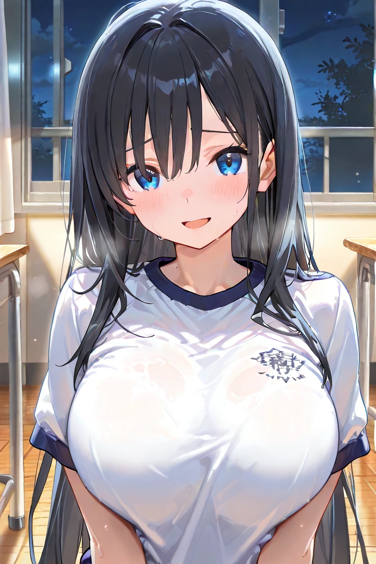 masterpiece、best image quality、ultra high resolution、teen schoolgirl with big tits、twin tail hairstyle、black hair、sweating、red face、shyly、mock、Open your mouth just a little、Sweaty white short-sleeved gym uniform of a teenage schoolgirl、Beautiful nipples faintly visible under the Sweaty white short-sleeved gym uniform of a teenage 、Short spats for teenage schoolgirls、Indoor volleyball court