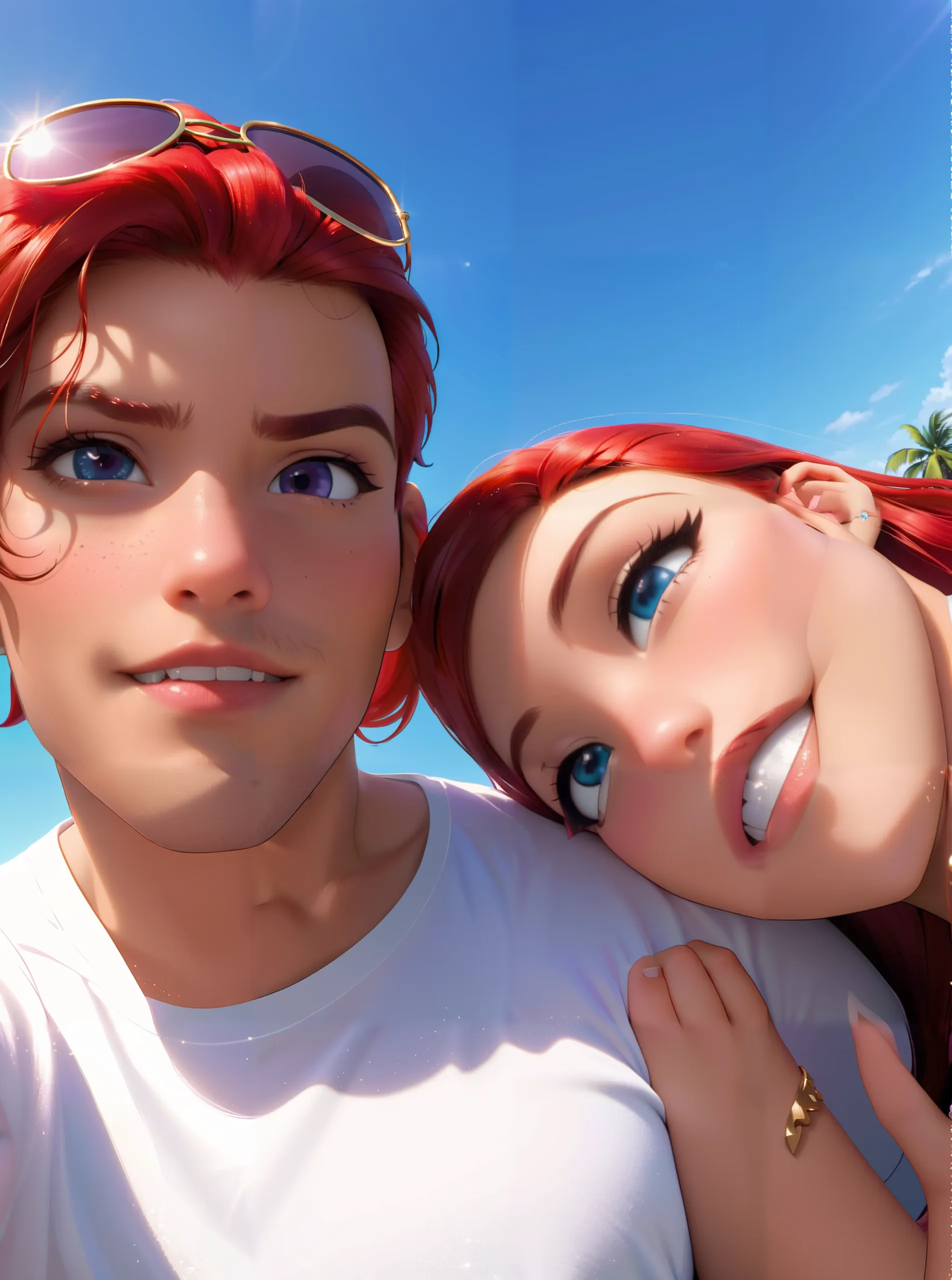 (zPDXL), 1girl, 1boy, sitting heads together, on a tropical beach, smiling, wearing shirt and shorts, morning sunlight, tiki hut, palm trees, cloudy sky