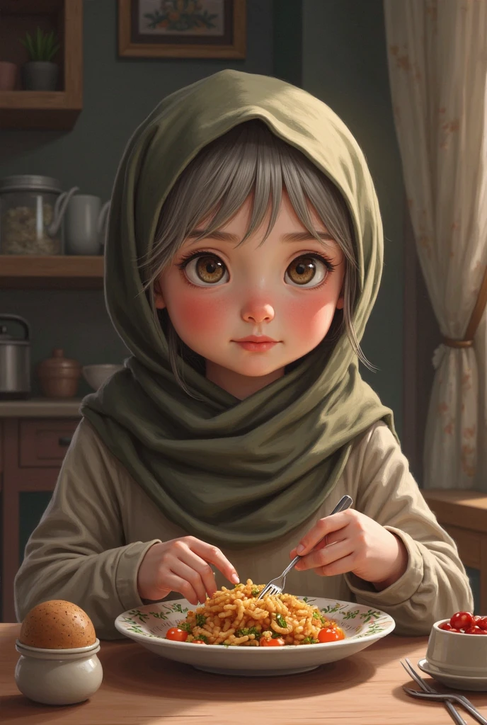 a malay girl, wearing a hijab, in the kitchen of a bad and poor wooden house, the girl is cute hot, the girl wears an apron but is nude