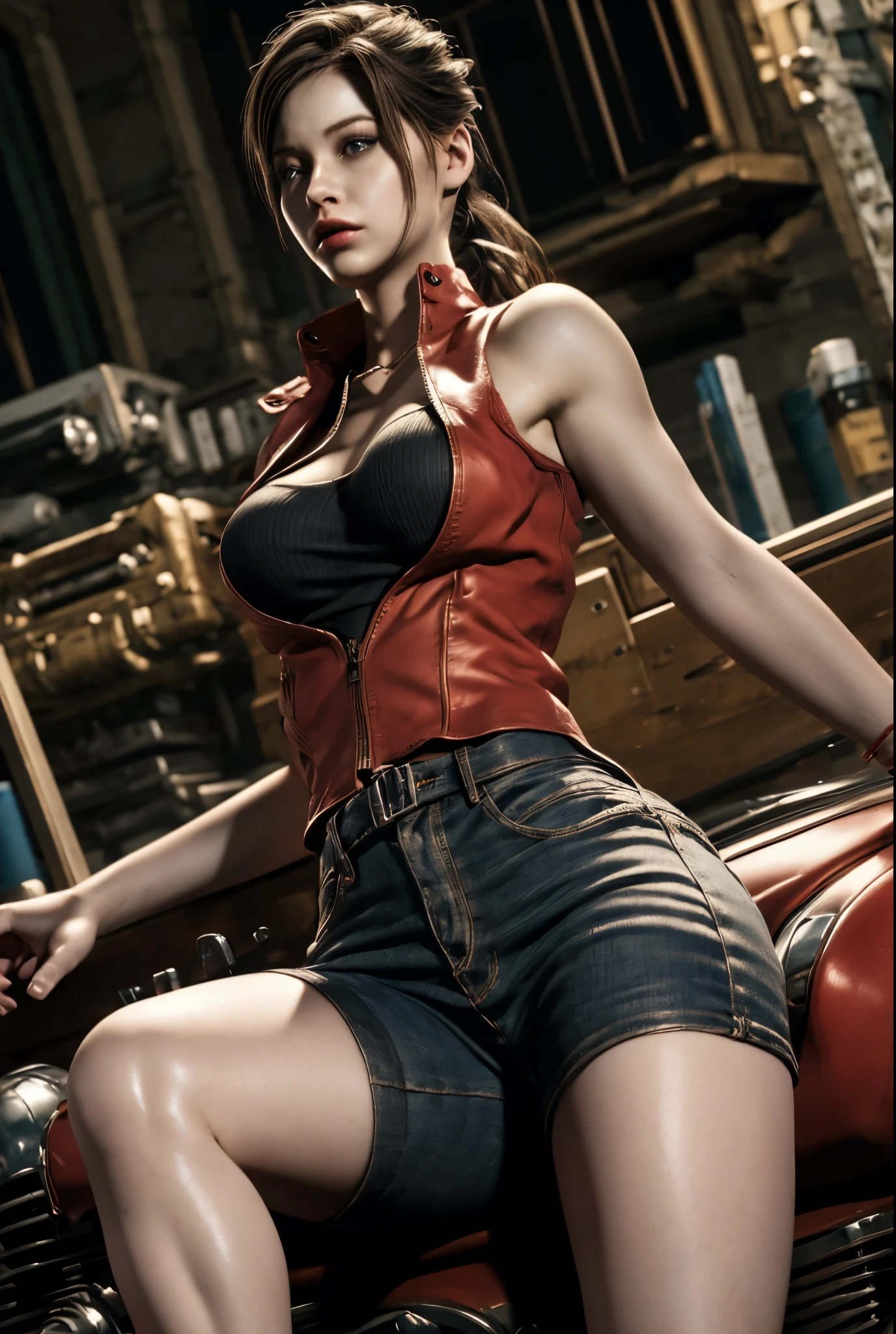 (masterpiece:1.2, Best Quality:1.2), ((Claire Redfield, super beautiful woman)), Resident evil, (Red jacket, White shirt, short jeans, torn jeans), (Colossal tits:1.5, Huge boobs:1.1, Huge breasts:1.2, gigantic cleavage breasts:1.1), (Detailed face, Detailed skin texture, Perfect slim body), (in abandoned convenience store:1.3), Night, Dark atmosphere, show her ass