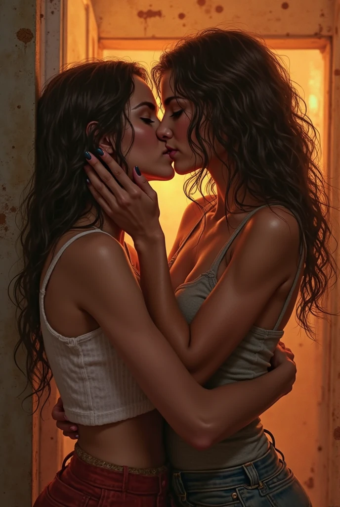2 lesbian girls kissing naked in shower zoomed out with their whole body visible and no piece of clothing