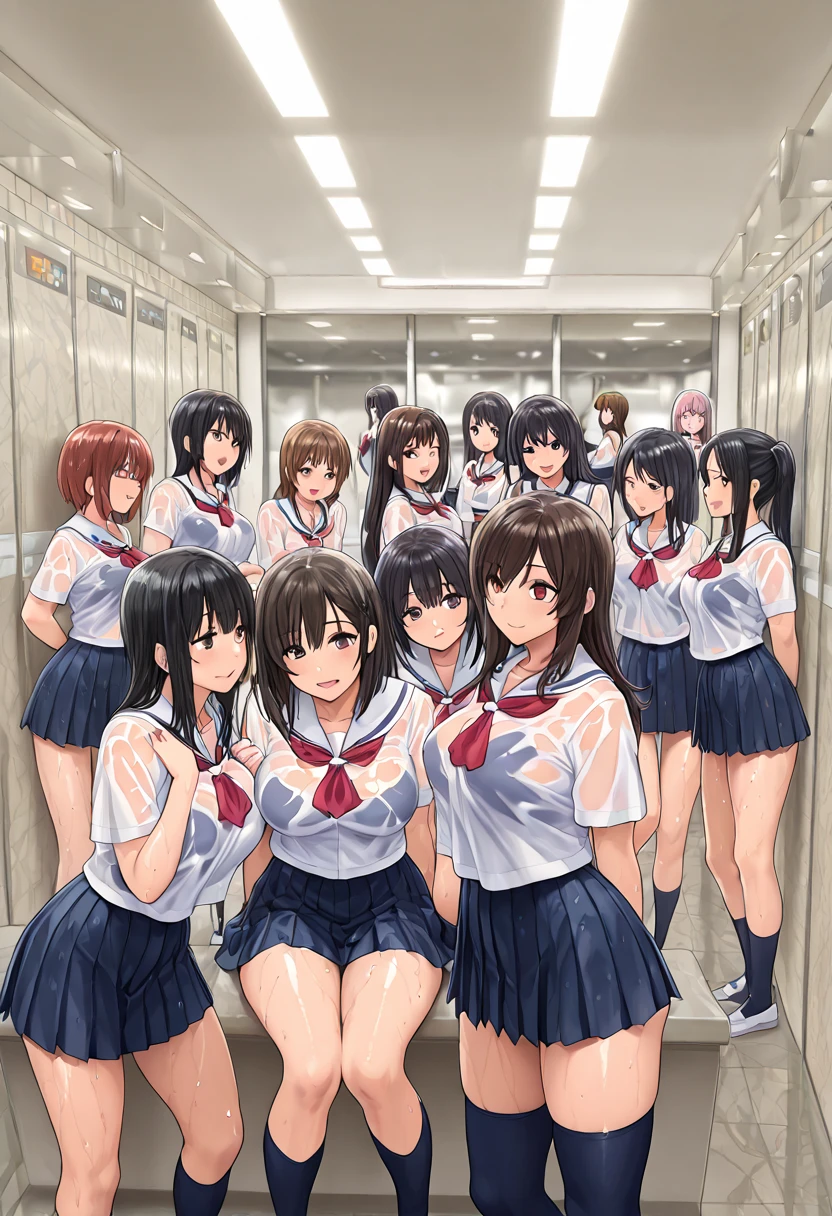 score_9, score_8_up,score_7_up, masterpiece, best quality, extremely detailed, illustration, 8k cg wallpaper, stunning art, absurdres, in the hotel, ceiling, cowboy shot, BREAK nsfw, (POV, intense sex of girl on top, vaginal 1penis:1.1), cum in pussy, (lying viewer surrounded by three school-girls with pet red collar,(gasp ecstasy), lineup bare various breasts, school-uniform, open collar, group picture:1.1),
