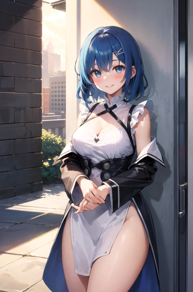 draw a girl blue hair,cute,beautiful,full body,medium chest,blue eyes,black outfit with neckline
