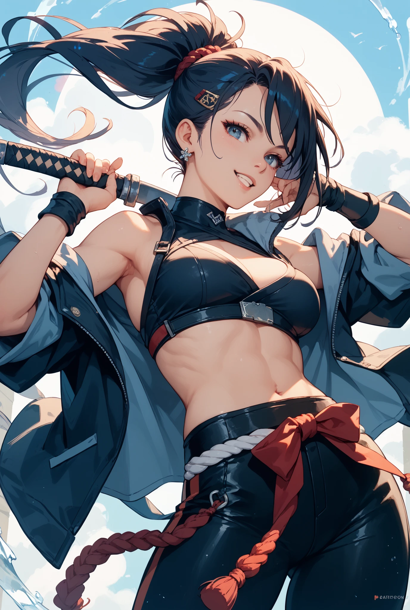 A pirate with a sword points forward to swim, she has a bandage on her right eye, a smiley tattoo, and a dragon tattoo on her legs