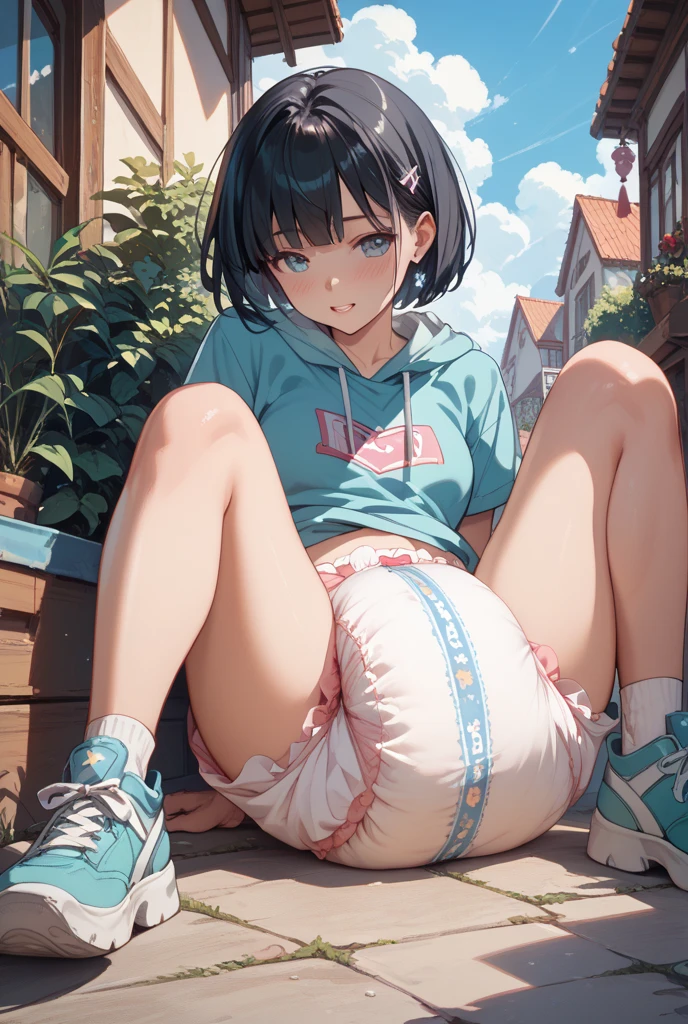 White sneakers、Spread your legs、 Clenched fist、 good, Wet, From below、topless、Small breasts、sit、Embarrassing、Knee Up, gym storeroom
