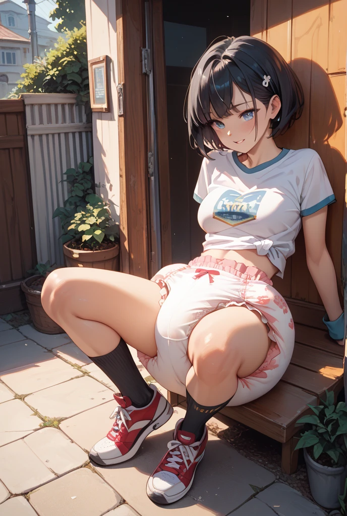 Top down, dark blue line sportswear, dark blue buruma, BREAK, white knee-high socks, sports shoes