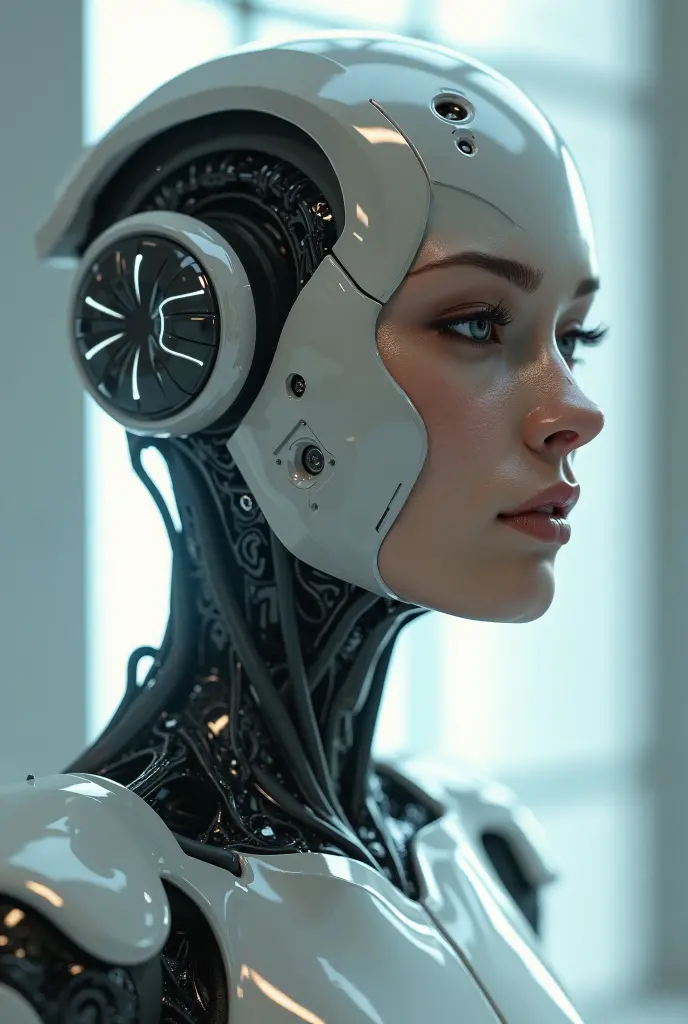 complex 3d render ultra detailed of a beautiful porcelain profile woman android face, cyborg, robotic parts, 150 mm, beautiful studio soft light, rim light, vibrant details, luxurious cyberpunk, lace, hyperrealistic, anatomical, facial muscles, cable electric wires, microchip, elegant, beautiful background, octane render, H. R. Giger style, 8k, best quality, masterpiece, illustration, an extremely delicate and beautiful, extremely detailed ,CG ,unity ,wallpaper, (realistic, photo-realistic:1.37),Amazing, finely detail, masterpiece,best quality,official art, extremely detailed CG unity 8k wallpaper, absurdres, incredibly absurdres, robot, silver halmet, full body, sitting