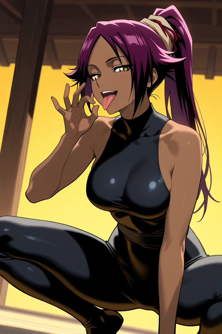 mature female, mature, Adult,((Himeno_CSM)), Himeno(Chainsaw Man), Eye patch, One Girl, solo, Grin, Villain, bad woman, chest, Black Hair, View your audience, short hair, Seductive smile, A woman sits on a group of smooth tentacles, Open your arms, Raise the hand, Tentacle Background, psychedelic Background, Purple leotard, sweet, Steam, dripping, warm feeling, masterpiece, Top animation quality,Top image quality,cinematic feeling