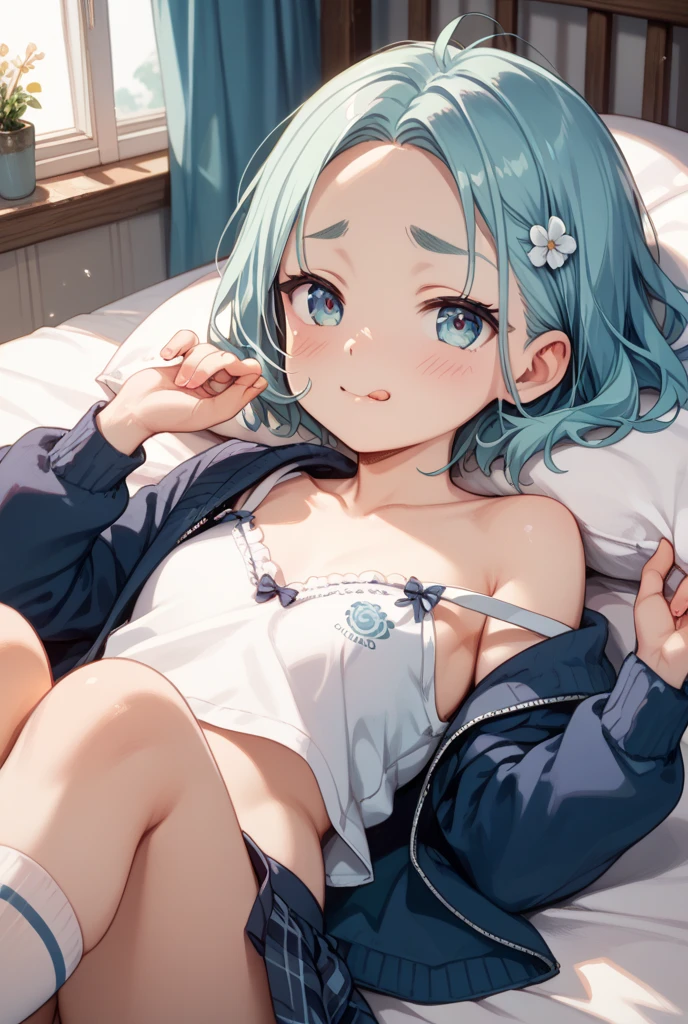 ((8k, Highest quality, masterpiece: 1.3)),Ultra-high resolution,(1 girl, alone), (Color changing eyes, Ultra-detailed, Expressive brilliance, Glitter, Glowing Eyes), Highly detailed eyes, Highly detailed face, Random Hair, ((pastel colour))A playful young woman with pastel mint-green hair styled into loose waves, lying on her stomach on the bed during a lazy afternoon. She is wearing a bright orange bikini with ruffled edges. The camera captures her from a top-down angle as she lies with her legs bent at the knees, playfully kicking her feet in the air while resting her chin on her hands. The room is filled with soft natural light, with cozy and casual decor that emphasizes the relaxed, carefree atmosphere.