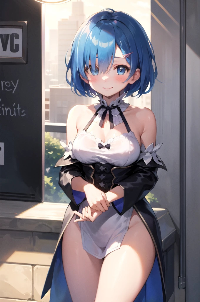 Rem from Re:Zero、light blue hair、short hair、table top、High resolution、many girls multiple girls、large crowd、lots of cute girls、big and full 、naughty body、See-through、throw、、whole body、Are standing、Look up at me、confused face、blush、embarrassing、Excited、white breath、black pantyhomale shape'Private parts are clearly visible、I can see your nipples、BAR、nter、Many people々々々々、in the crowd、bare chest、show your chest、Upper grade、A lot of milk comes out from the nipples、Breast milk from thle、Bunny girl、gossiper、rabbi、Leotard figure、Bangs that cover one eye、pink hairpin、sit on the bed、black high heels、open your legs、open thighs、emphasize the chest、chest to chest、night viewが見える部屋、night view、Cloth digs into genitals
