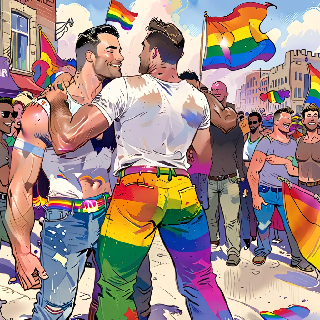 2 gay males in tight shorts kissing eachother at a gay pride festival 