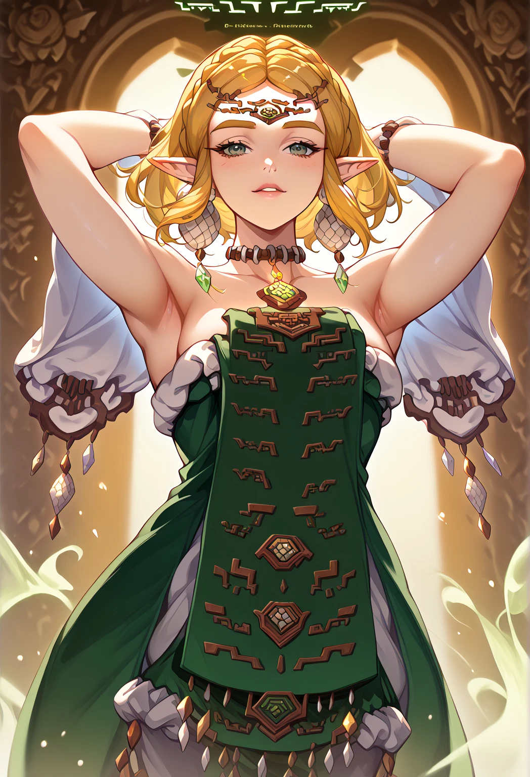 princesa zelda, tatuagem de cobra, olhos azuis, plano de fundo: floresta mal iluminada iluminada, High definition, obra de arte, orelhas pequenas, green skull in hand