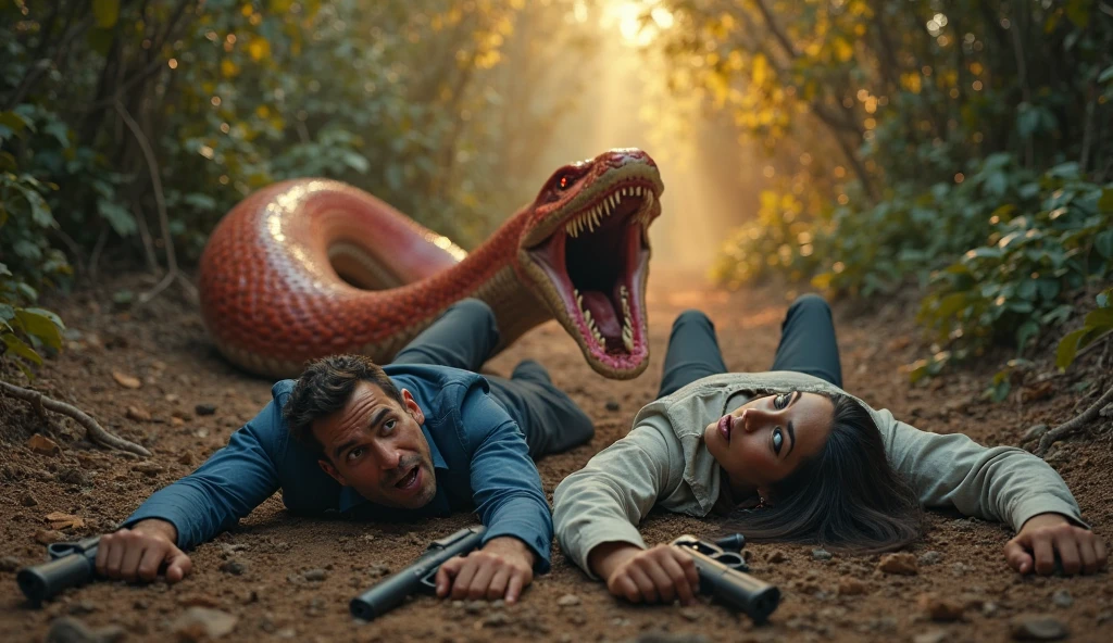um homem lutando contra uma cobra gigante