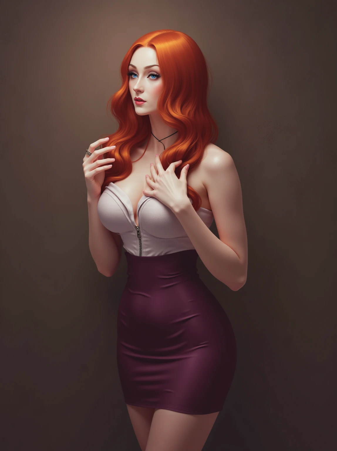 (masterpiece), (best quality), (realistic), Nikon RAW photo, Fujifilm XT3, beautiful 1girl, young 19yo, Ultra realistic, gothic aesthetic, red-haired girl, silky, shiny hair, seductive leaning forward detailed skin, pale-white (highlighted) skin, turquoise-blue eyes, realistic eyes, goth makeup, ultra realistic, 16k, high quality, picture-perfect, flawless, clean, masterpiece, professional artwork, detailed artwork, cinematic lighting, cinematic bloom, realistic shading, (((perfect female body, narrow waist))),(large breasts:1.3)lora:GoodHands-beta2:1>, , ((girl standing)),upper body, black shirt, black skirt and pantyhose clothing (realistic texture), large hips, thick thighs, thick legs, blade to side, strike pose, blade down, blade right hand,, blurred background (masterpiece, best quality, high quality, highres, ultra-detailed), different poses at different angles.
tight_black_shirt,
scarlet_red_hair,
facing_viewer,
(ultra detailed), 8k, 4k, intricate, upper_body, best lighting, office, sunlight,
Small_breasts,