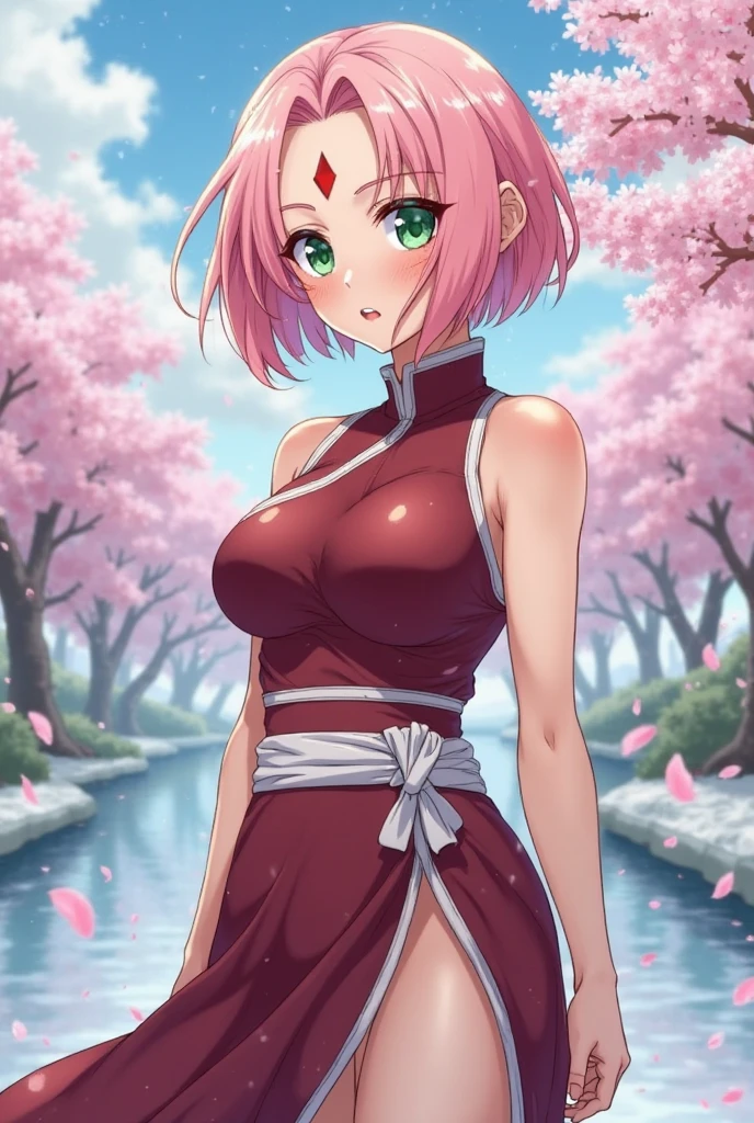 tmasterpiece，  （intricately details）， （rich colourful）， cinmatic lighting， Extremely detailed 8k CG unit wallpaper， 1 rapariga，jyoshi koukousei，very Bigger breasts， Sakura Haruno， Ruffle your hair， angle of view， NSFW， provocation， Jumpy， embarressed， Be red in the face，， Partial Nude