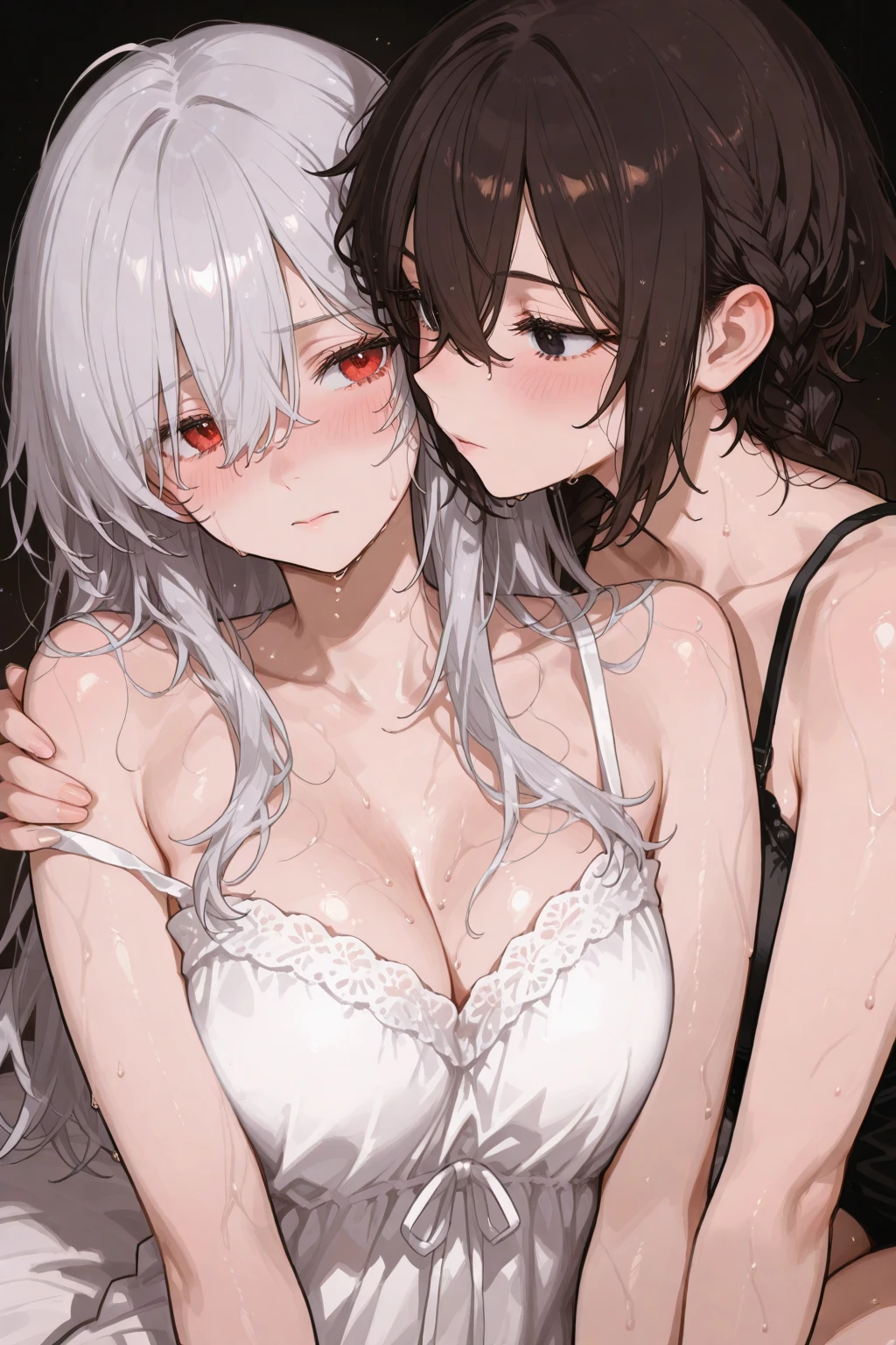 (Best quality, 8k, 32k, Masterpiece, UHD,:1.2),RAW, 2girls,ultra cute , natural lighting,transparent shining eyes, 20yo,medium breast ,fair complexion ,flushed face, dynamic angle,, (ecstasy:0.8) ,(slut:0.8), (vulgarity:0.8), (fucked silly:0.8),(steam:0.8),,(trembling:1.3)),(tears:0.7) ,sweat, Happily, blush, ((naked, nude)), eye contact, nsfw, Closeup face, face Closeup, head shot, White Background, shiny, medium hair,