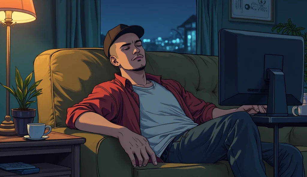 A dramatic realistic illustration of a man in close up, expression of discouragement, jaded, cabelo messdo, wrinkled clothes, in a sleeveless shirt, a television with netflix, a coffee table with beers, mess.