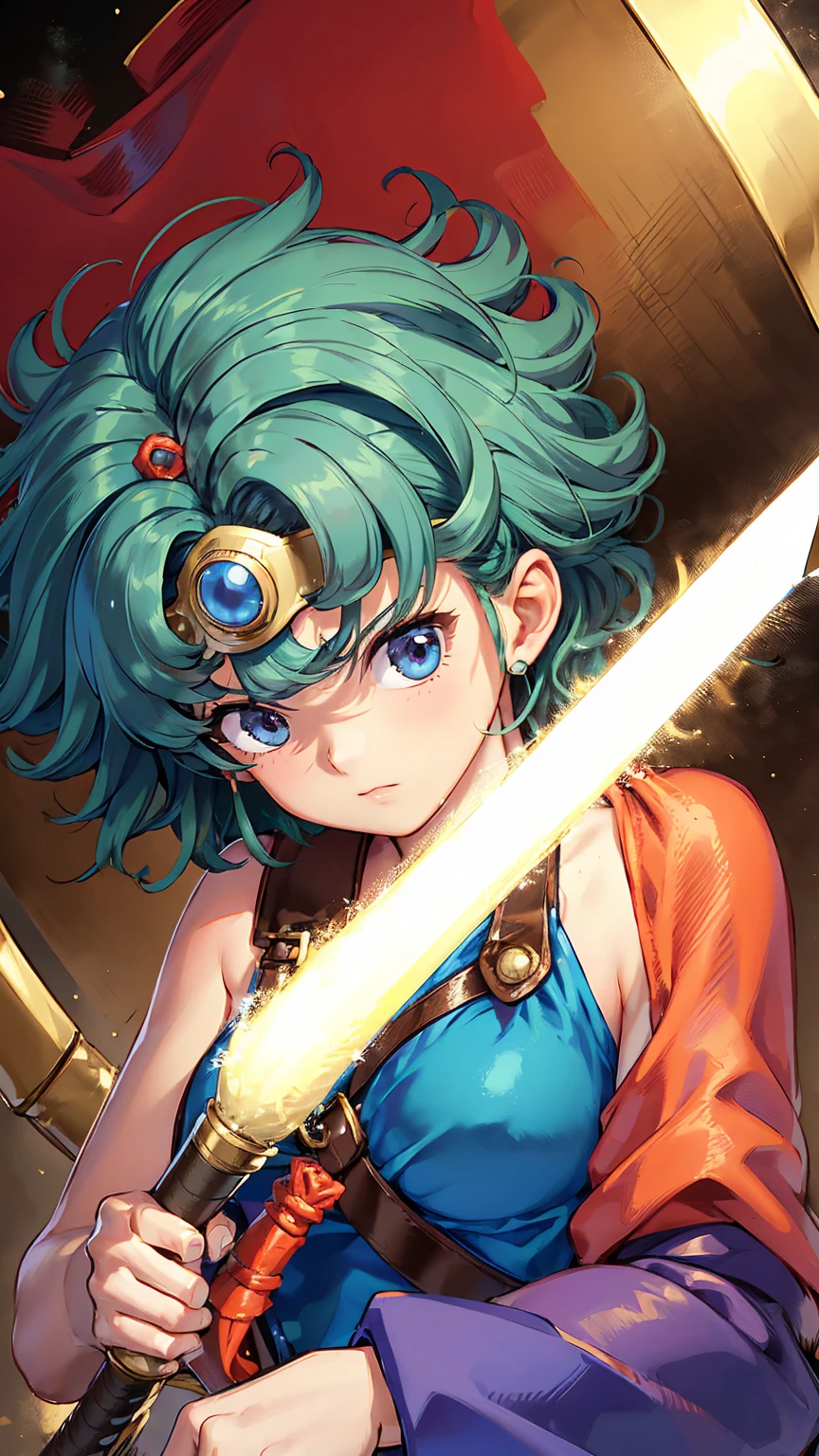 (((SFW、sound、Highest quality、First class work、Normal body、、Detailed face、Ultra-precision、normal hand、Normal refer to、5refer to、Highest)))、beautiful girl、Black Hair、yamato nadeshiko、Small breasts、Shortcuts、Blue leotard、Shoulder Off、Black paleo skirt、Red Cape、Circlet、Bastard sword、shield、Dragon Quest、grassland、Depict every detail、Noise is kept to a minimum、(((Parrying an enemy attack with a sword:1.5)))