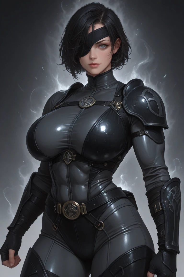(high resolution, pixel perfect, gorgeous illustrations), (hyper quality, muste piece, etheric: 1.4), ((nsfw)), (((cowboy shot))), face focus, ((1girl)), ((boyish)), (((teenage girl))), (hot Rocker punk girl), (((((open stance))))), cool atmosphere, black hair, (((((very_short_hair, slicked_back_hair)))), ((piercing)), (((lip_piercing))), (((eyelid_piercing))), ((((nose_piercing)))), Exquisite face, ((angry)), ((gothic makeup)), ((((black_lips)))), tattoo, (((muscular_female))), (thick thighs, wide hips, small breasts), fighter, (((wh_chi_armor))), (((highleg_leotard_armor see_through))), (((((cameltoe))))), shiny skin, gleaming skin, simple background,