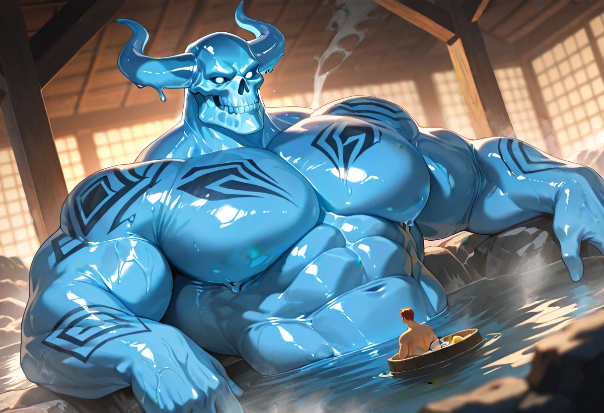 anime character with (blue skin) soaking in the onsen, partially submerged, (tusk out), huge muscular, water, onsen, shirtless, sfw