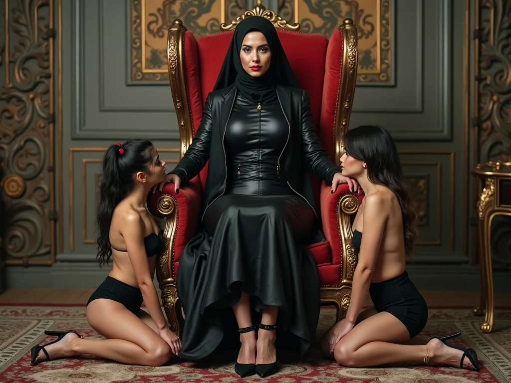 with black headscarf, white long sleeve t shirt, barefoot , Sexy skinny woman in black tracksuit lying on the beach. 4 men touching a woman.