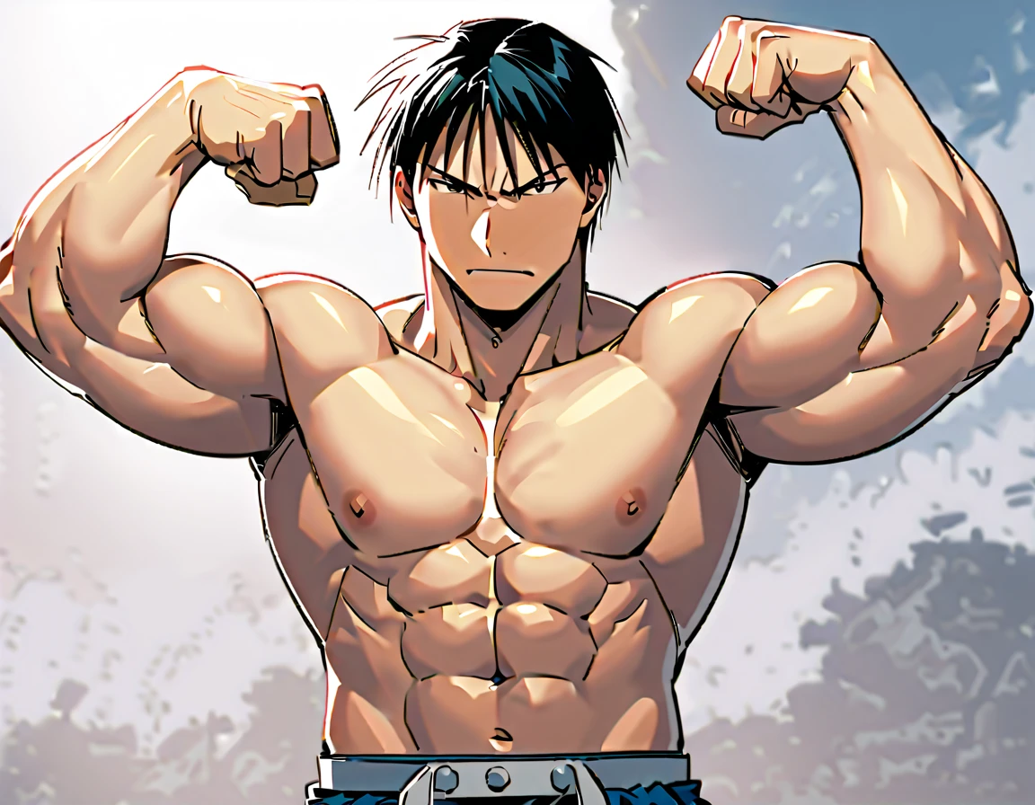 Roy Mustang from Full Metal Alchemist, muscular, defined body, shirtless
