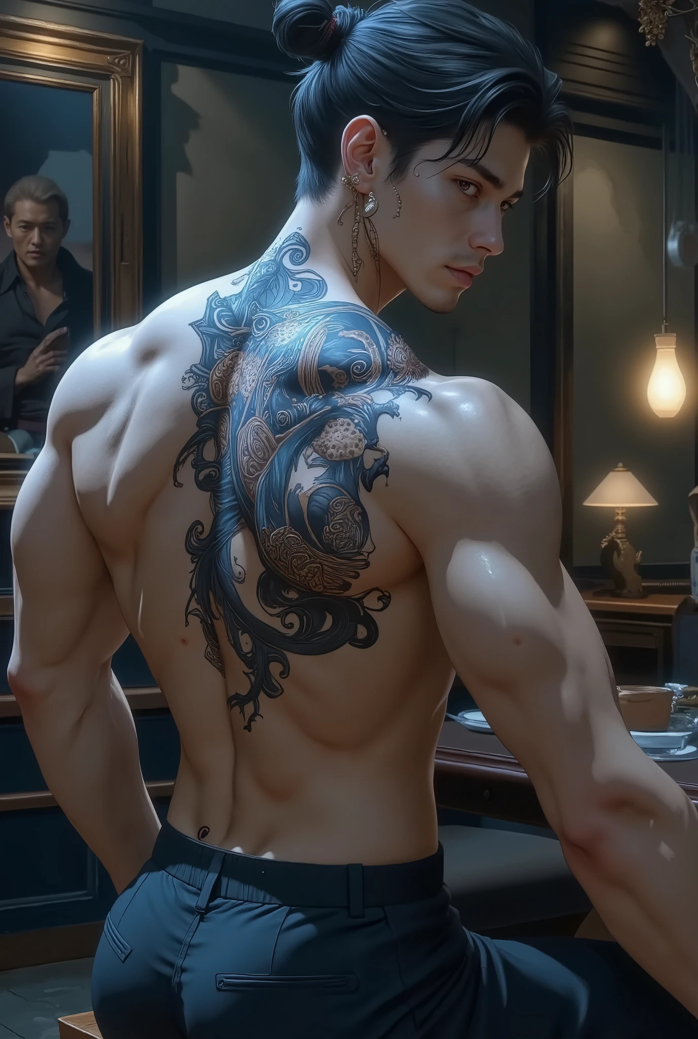 Sexy brunette man with samurai tattoo on his back